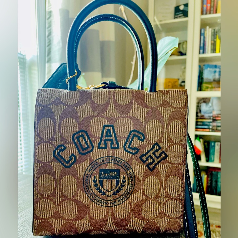 NWOT Coach mini crossbody tote in signature canvas w/ hunter green accent